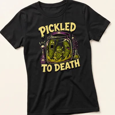 Comic style graphic of pickles with the text 'PICKLED TO DEATH' in Halloween colors — printed on a women's shirt