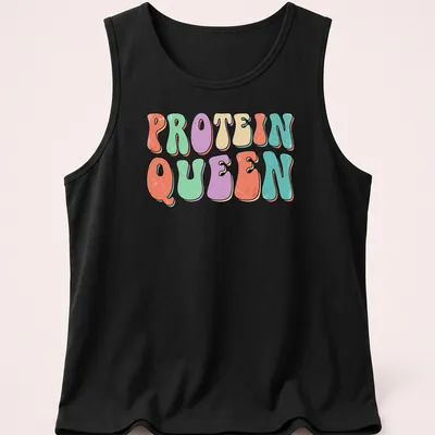 Retro colorful design featuring a woman lifting weights with Protein Queen text — printed on a tank top