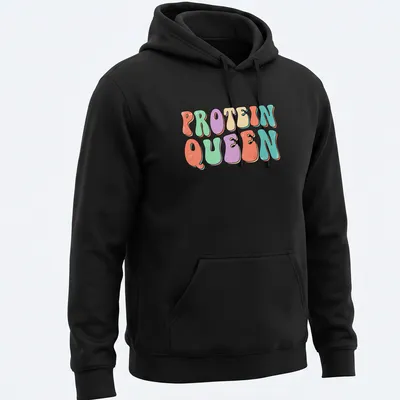 Retro colorful design featuring a woman lifting weights with Protein Queen text — printed on a unisex hoodie