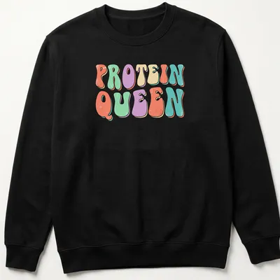 Retro colorful design featuring a woman lifting weights with Protein Queen text — printed on a unisex sweatshirt