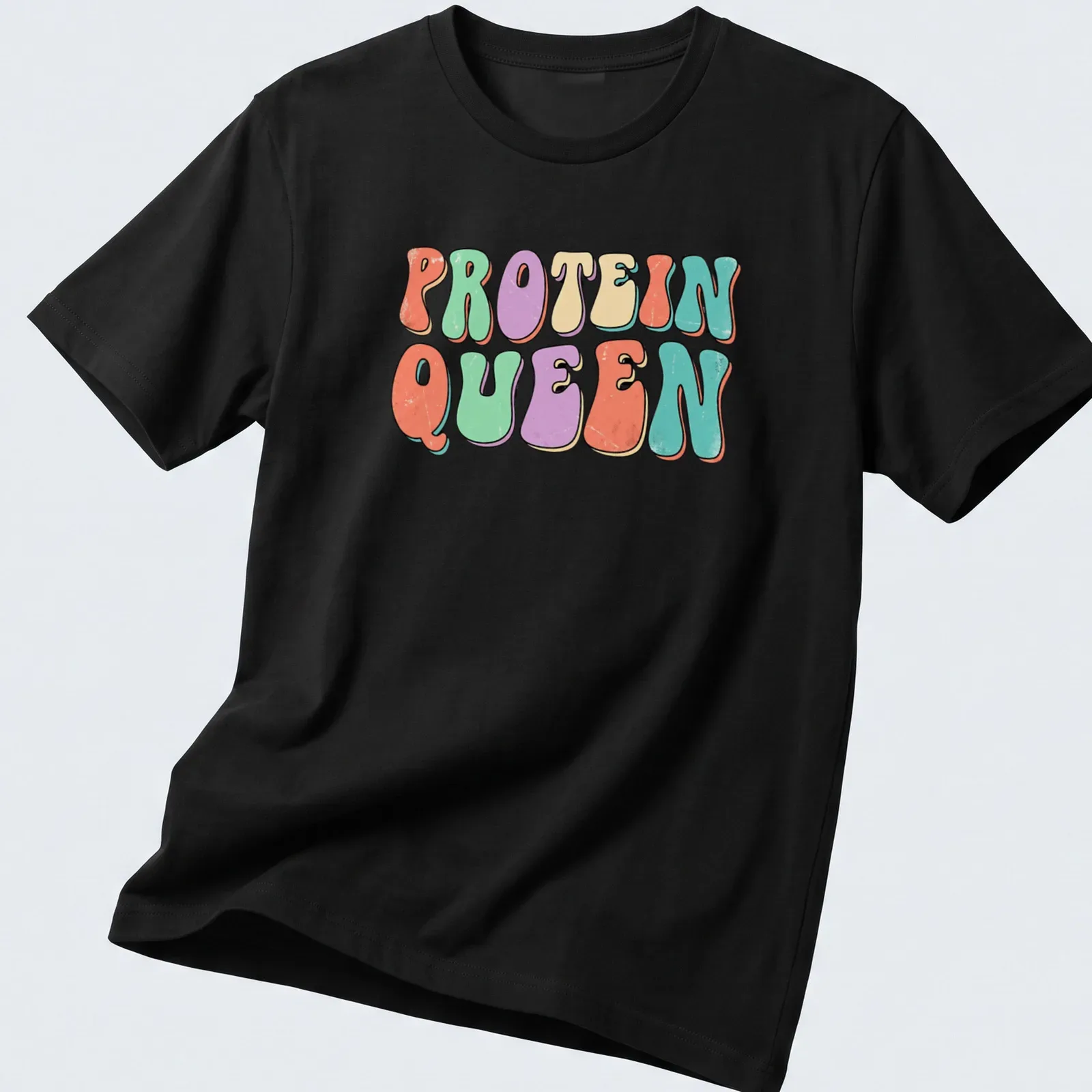 Retro colorful design featuring a woman lifting weights with Protein Queen text — printed on a unisex t-shirt