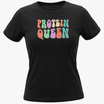 Retro colorful design featuring a woman lifting weights with Protein Queen text — printed on a women's shirt