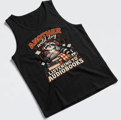 Vintage cartoon raccoon with text about audiobooks in brown and orange — printed on a tank top