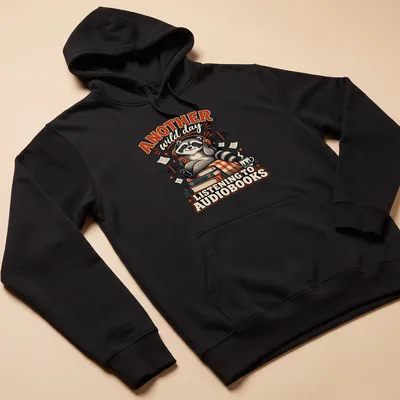 Vintage cartoon raccoon with text about audiobooks in brown and orange — printed on a unisex hoodie