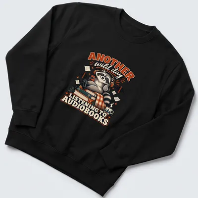 Vintage cartoon raccoon with text about audiobooks in brown and orange — printed on a unisex sweatshirt