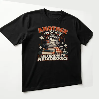 Vintage cartoon raccoon with text about audiobooks in brown and orange — printed on a unisex t-shirt (angled view)