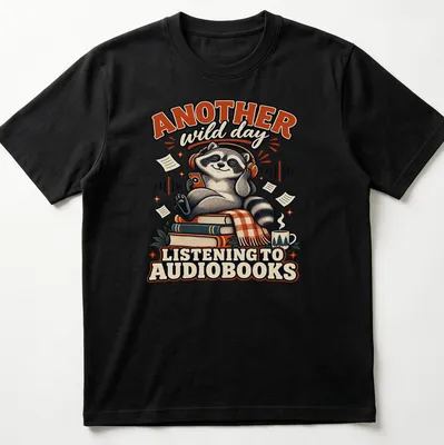 Vintage cartoon raccoon with text about audiobooks in brown and orange — printed on a unisex t-shirt
