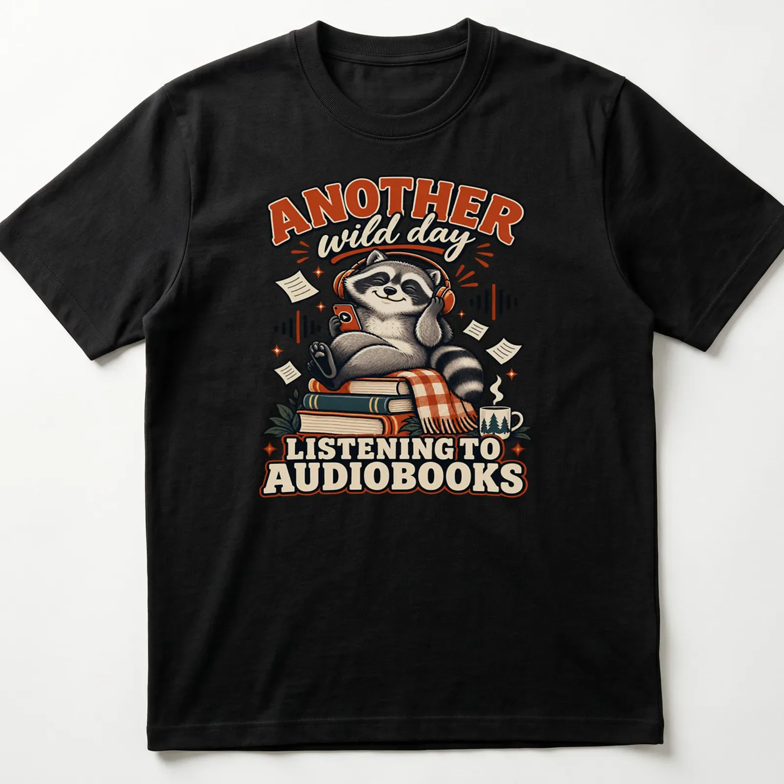 Vintage cartoon raccoon with text about audiobooks in brown and orange — printed on a unisex t-shirt
