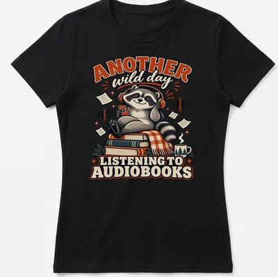 Vintage cartoon raccoon with text about audiobooks in brown and orange — printed on a women's shirt