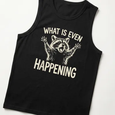 Illustrative t-shirt with a raccoon and the phrase 'WHAT IS EVEN HAPPENING' in cream and beige. — printed on a tank top