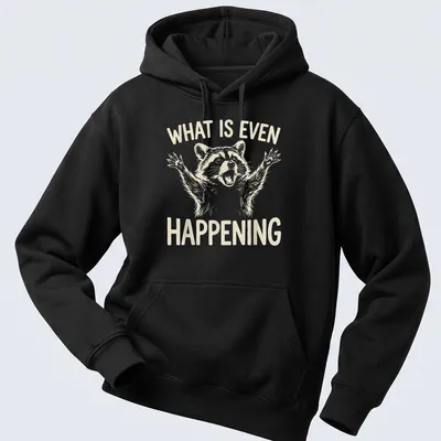 Illustrative t-shirt with a raccoon and the phrase 'WHAT IS EVEN HAPPENING' in cream and beige. — printed on a unisex hoodie