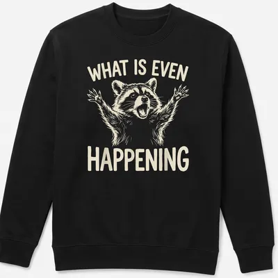 Illustrative t-shirt with a raccoon and the phrase 'WHAT IS EVEN HAPPENING' in cream and beige. — printed on a unisex sweatshirt