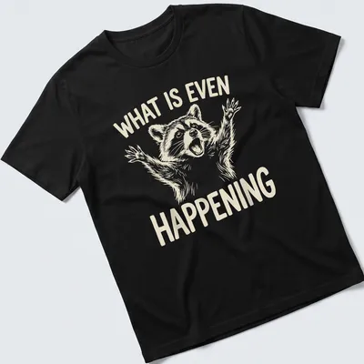 Illustrative t-shirt with a raccoon and the phrase 'WHAT IS EVEN HAPPENING' in cream and beige.