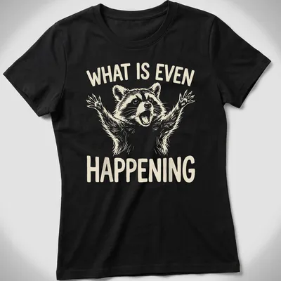 Illustrative t-shirt with a raccoon and the phrase 'WHAT IS EVEN HAPPENING' in cream and beige. — printed on a women's shirt