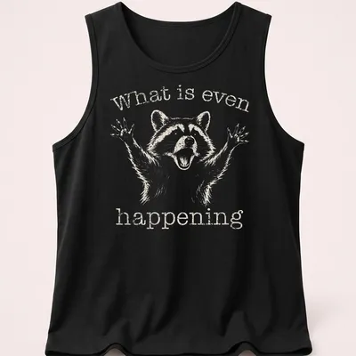 Vintage distressed Funny Raccoon t-shirt with the text 'What is even happening' — printed on a tank top
