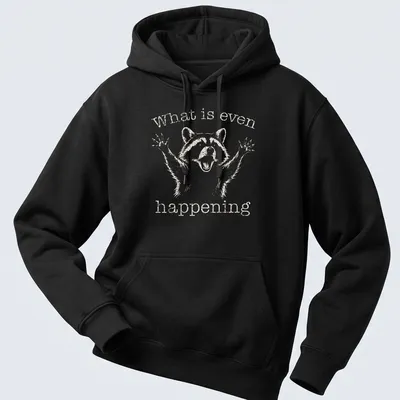 Vintage distressed Funny Raccoon t-shirt with the text 'What is even happening' — printed on a unisex hoodie