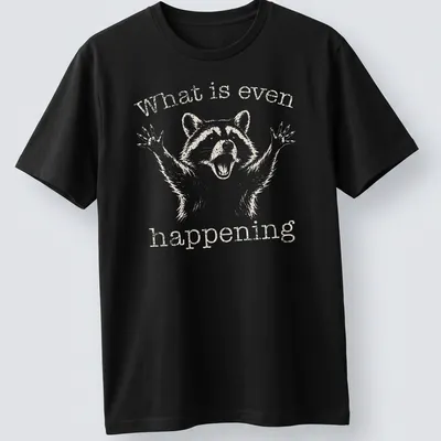 Vintage distressed Funny Raccoon t-shirt with the text 'What is even happening'