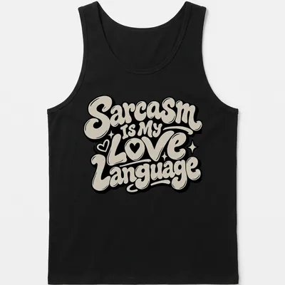 Bold lettering with the phrase Sarcasm Is My Love Language in black and cream — printed on a tank top