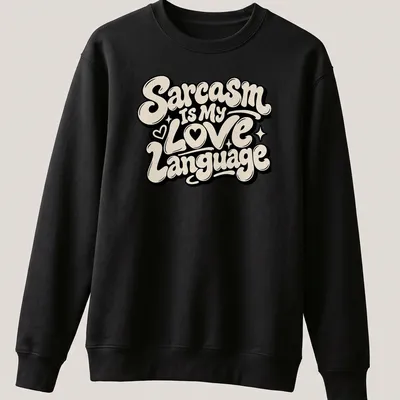 Bold lettering with the phrase Sarcasm Is My Love Language in black and cream — printed on a unisex sweatshirt