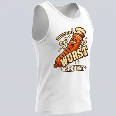 Cartoon sausage with text saying 'THIS IS MY WURST SHIRT' in orange, brown and cream. — printed on a tank top