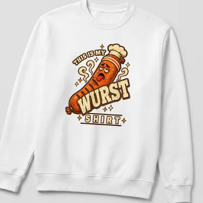 Cartoon sausage with text saying 'THIS IS MY WURST SHIRT' in orange, brown and cream. — printed on a unisex sweatshirt