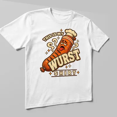 Cartoon sausage with text saying 'THIS IS MY WURST SHIRT' in orange, brown and cream. — printed on a unisex t-shirt (angled view)