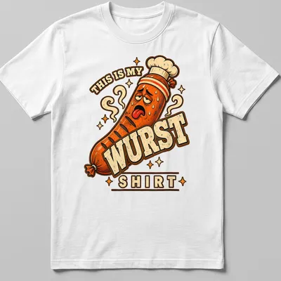 Cartoon sausage with text saying 'THIS IS MY WURST SHIRT' in orange, brown and cream. — printed on a unisex t-shirt