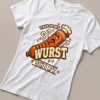 Cartoon sausage with text saying 'THIS IS MY WURST SHIRT' in orange, brown and cream. — printed on a women's shirt
