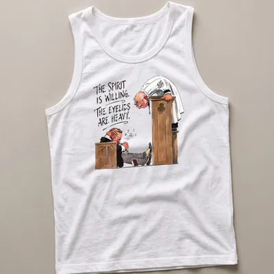 Cartoon of a sleepy churchgoer with text about heavy eyelids and a preacher — printed on a tank top