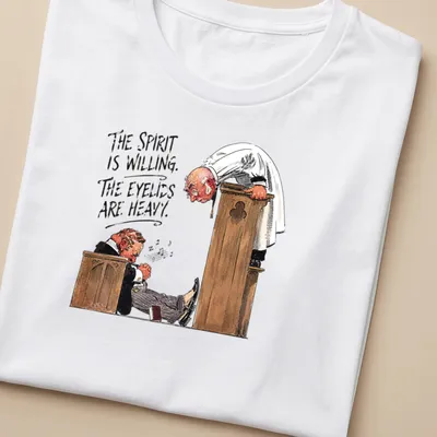 Cartoon of a sleepy churchgoer with text about heavy eyelids and a preacher — printed on a women's shirt