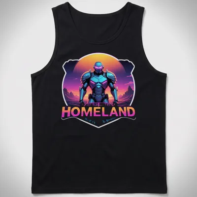 Futuristic armored character design with the word Homeland in vibrant colors. — printed on a tank top