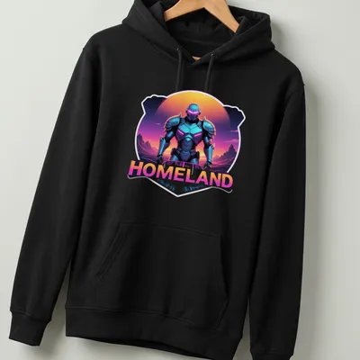 Futuristic armored character design with the word Homeland in vibrant colors. — printed on a unisex hoodie
