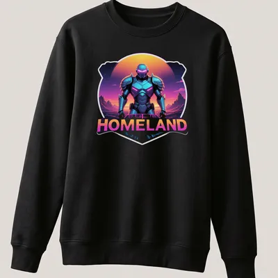 Futuristic armored character design with the word Homeland in vibrant colors. — printed on a unisex sweatshirt