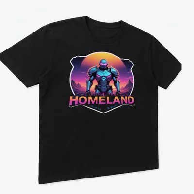 Futuristic armored character design with the word Homeland in vibrant colors. — printed on a unisex t-shirt (angled view)
