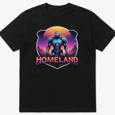 Futuristic armored character design with the word Homeland in vibrant colors.