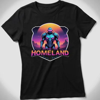 Futuristic armored character design with the word Homeland in vibrant colors. — printed on a women's shirt