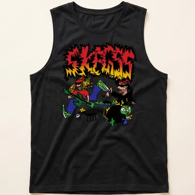 Cartoonish design featuring a colorful garage rock band with the word SKRESS — printed on a tank top