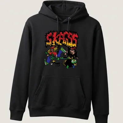 Cartoonish design featuring a colorful garage rock band with the word SKRESS — printed on a unisex hoodie
