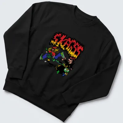 Cartoonish design featuring a colorful garage rock band with the word SKRESS — printed on a unisex sweatshirt