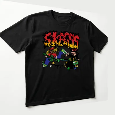 Cartoonish design featuring a colorful garage rock band with the word SKRESS — printed on a unisex t-shirt (angled view)