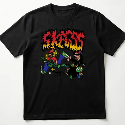 Cartoonish design featuring a colorful garage rock band with the word SKRESS