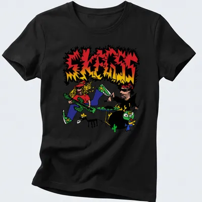Cartoonish design featuring a colorful garage rock band with the word SKRESS — printed on a women's shirt