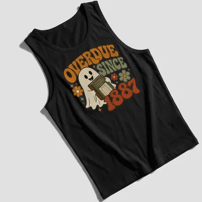 Retro graphic of a ghost holding an overdue library book with colorful text — printed on a tank top