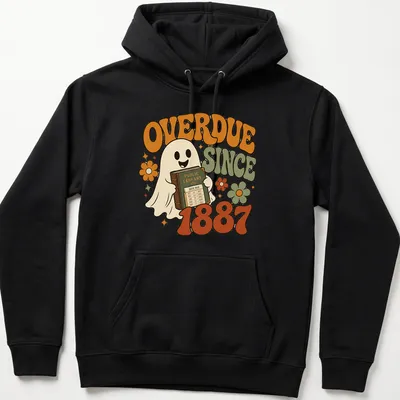 Retro graphic of a ghost holding an overdue library book with colorful text — printed on a unisex hoodie