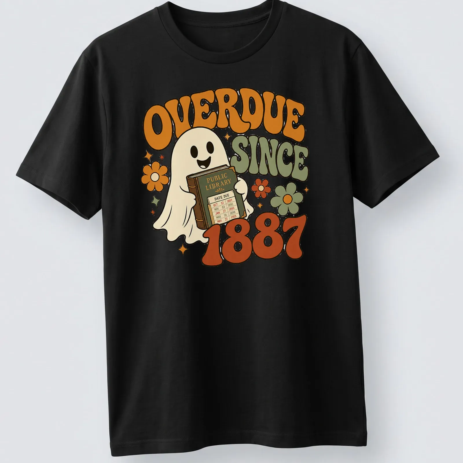 Retro graphic of a ghost holding an overdue library book with colorful text — printed on a unisex t-shirt