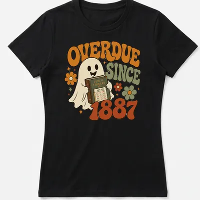 Retro graphic of a ghost holding an overdue library book with colorful text — printed on a women's shirt