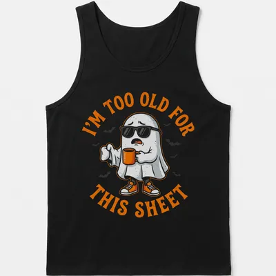 Cartoon ghost holding a coffee cup with humorous text about aging — printed on a tank top