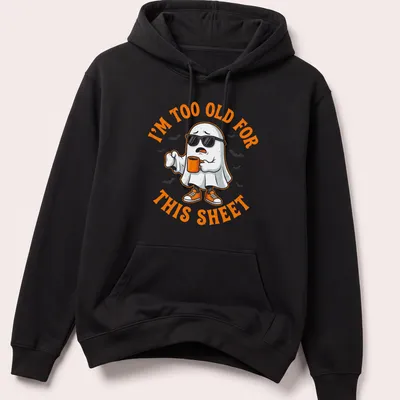 Cartoon ghost holding a coffee cup with humorous text about aging — printed on a unisex hoodie