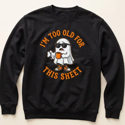 Cartoon ghost holding a coffee cup with humorous text about aging — printed on a unisex sweatshirt