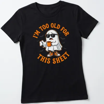 Cartoon ghost holding a coffee cup with humorous text about aging — printed on a women's shirt
